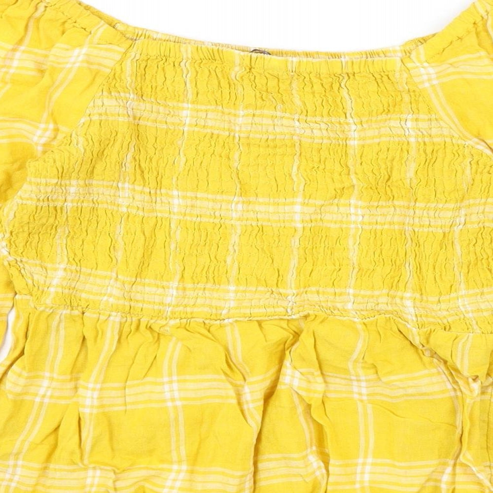 Marks and Spencer Womens Yellow Plaid Linen Basic Blouse Size 10 Off the Shoulder