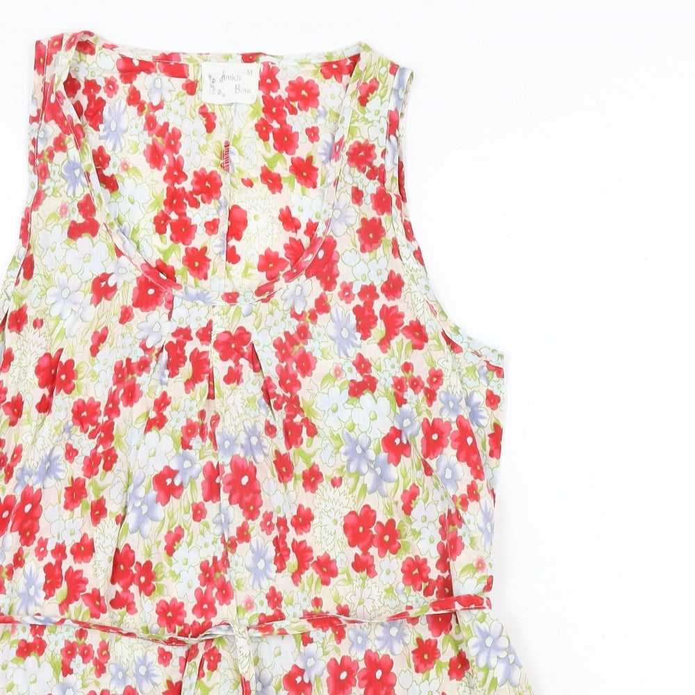 Amichi Basic Womens Multicoloured Floral Cotton Basic Blouse Size M Scoop Neck - Belted