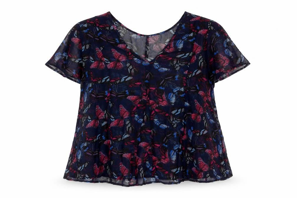 NEXT Womens Blue Geometric Polyester Basic Blouse Size 14 Round Neck - Semi Sheer Butterfly Print