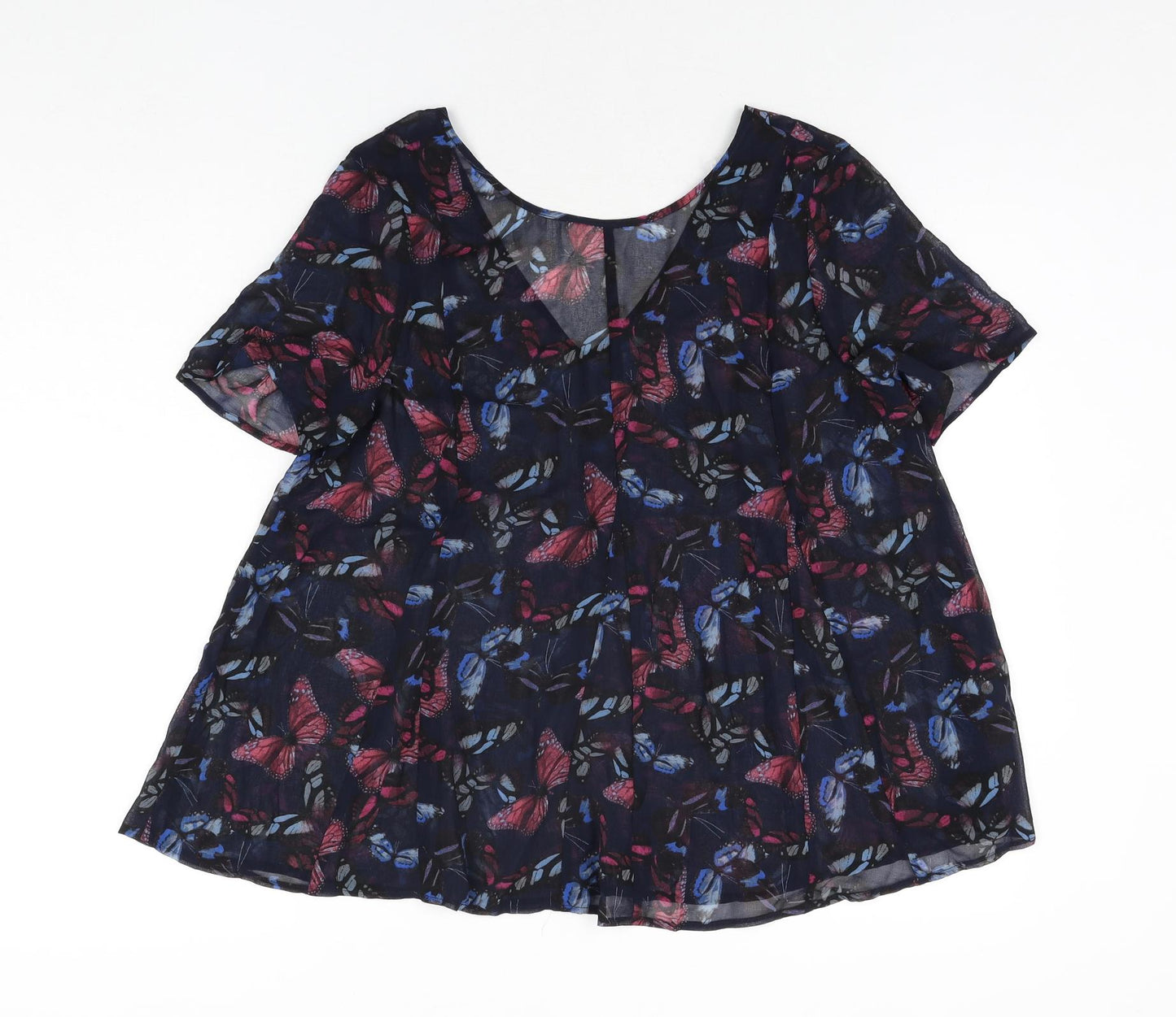 NEXT Womens Blue Geometric Polyester Basic Blouse Size 14 Round Neck - Semi Sheer Butterfly Print