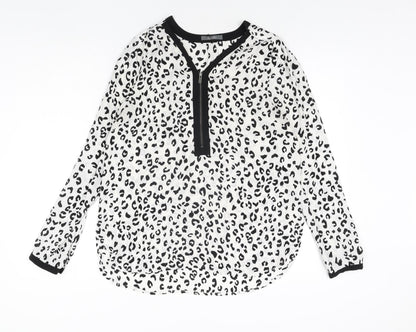 South Womens White Animal Print Polyester Basic Blouse Size 12 V-Neck - Leopard Print