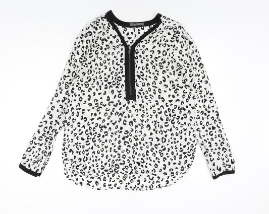 South Womens White Animal Print Polyester Basic Blouse Size 12 V-Neck - Leopard Print