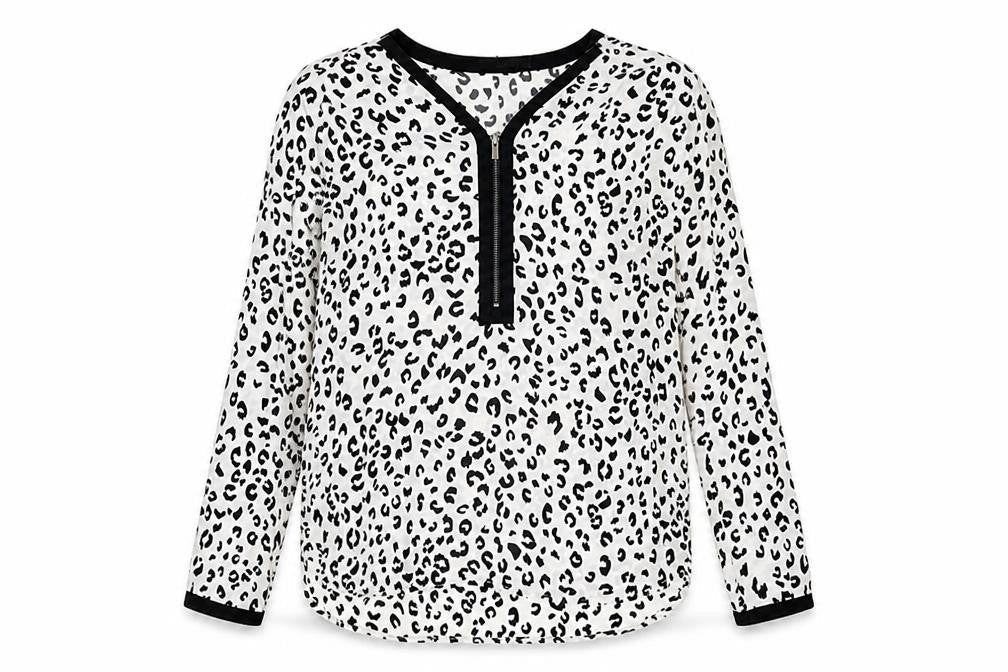 South Womens White Animal Print Polyester Basic Blouse Size 12 V-Neck - Leopard Print