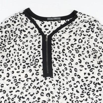 South Womens White Animal Print Polyester Basic Blouse Size 12 V-Neck - Leopard Print