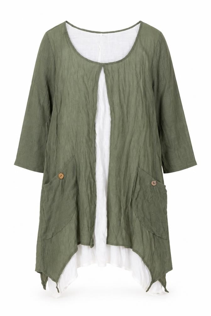 Apricot Womens Green Linen Shift Size 10 Round Neck Pullover - Layered