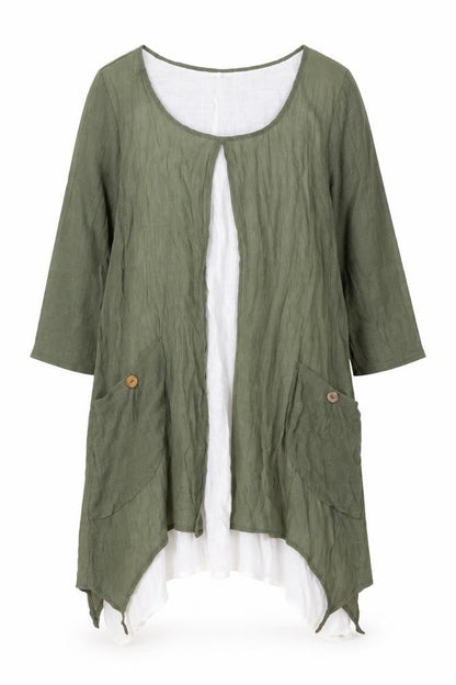 Apricot Womens Green Linen Shift Size 10 Round Neck Pullover - Layered
