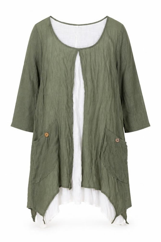 Apricot Womens Green Linen Shift Size 10 Round Neck Pullover - Layered