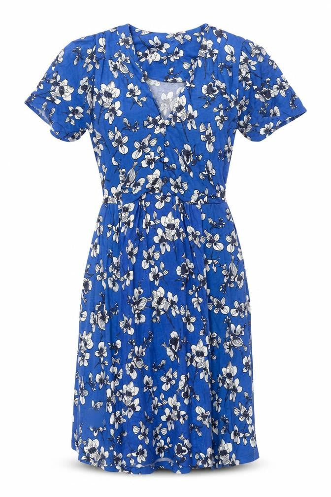 French Connection Womens Blue Floral Viscose Shift Size 6 V-Neck Button - Belted