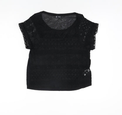 Sparkle & Fade Womens Black Cotton Basic Blouse Size S Round Neck - Lace Front Semi Sheer