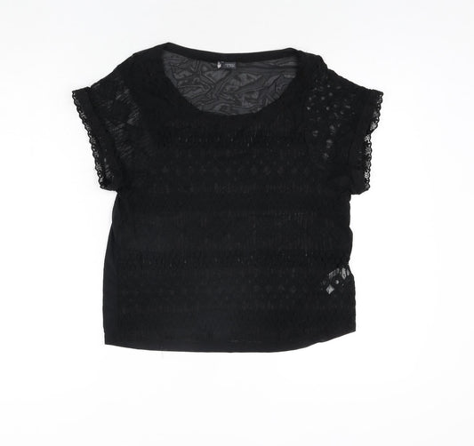 Sparkle & Fade Womens Black Cotton Basic Blouse Size S Round Neck - Lace Front Semi Sheer