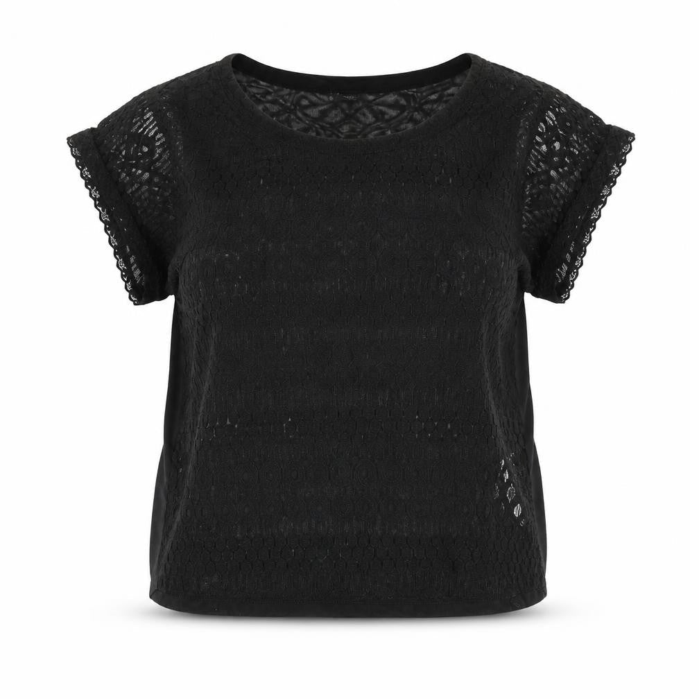 Sparkle & Fade Womens Black Cotton Basic Blouse Size S Round Neck - Lace Front Semi Sheer