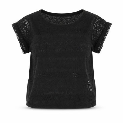 Sparkle & Fade Womens Black Cotton Basic Blouse Size S Round Neck - Lace Front Semi Sheer