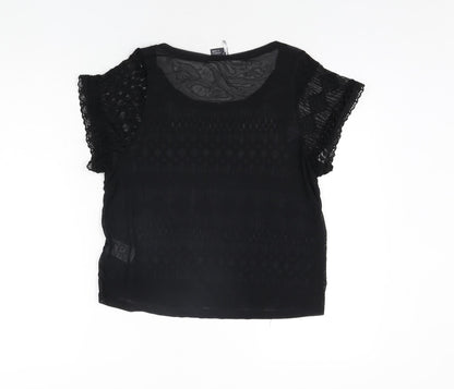 Sparkle & Fade Womens Black Cotton Basic Blouse Size S Round Neck - Lace Front Semi Sheer