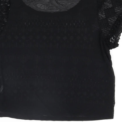 Sparkle & Fade Womens Black Cotton Basic Blouse Size S Round Neck - Lace Front Semi Sheer