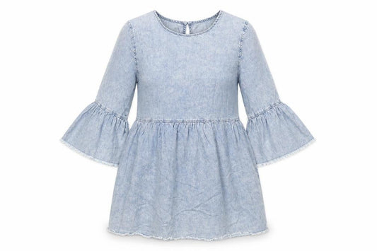 Front view of Denim & Co. women’s blue cotton a-line, size UK 12, round neck button - raw hems