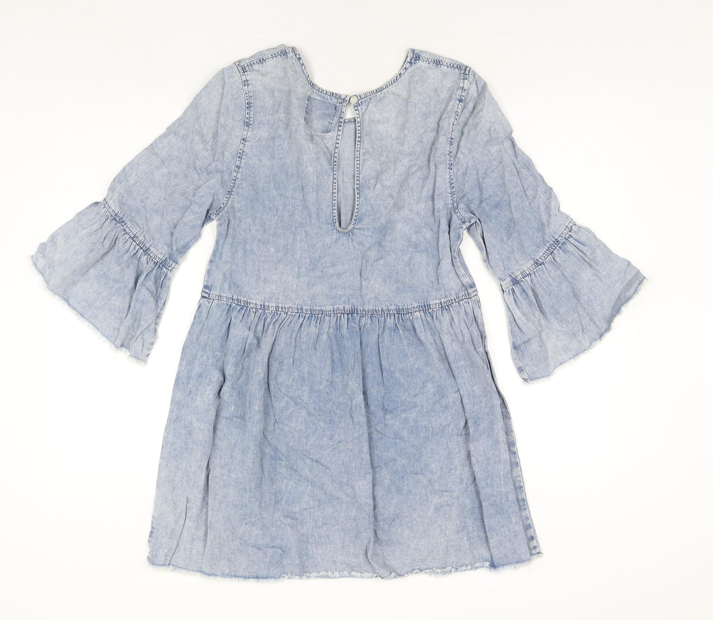Denim & Co. Womens Blue Cotton A-Line Size 12 Round Neck Button - Raw Hems