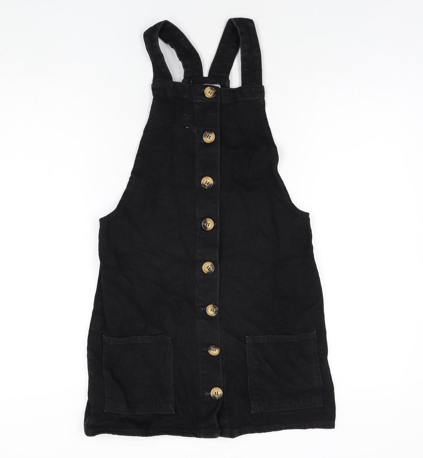 Denim & Co. Womens Black Cotton Pinafore/Dungaree Dress Size 6 Square Neck Button