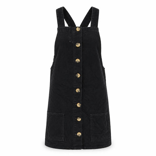 Denim & Co. Womens Black Cotton Pinafore/Dungaree Dress Size 6 Square Neck Button