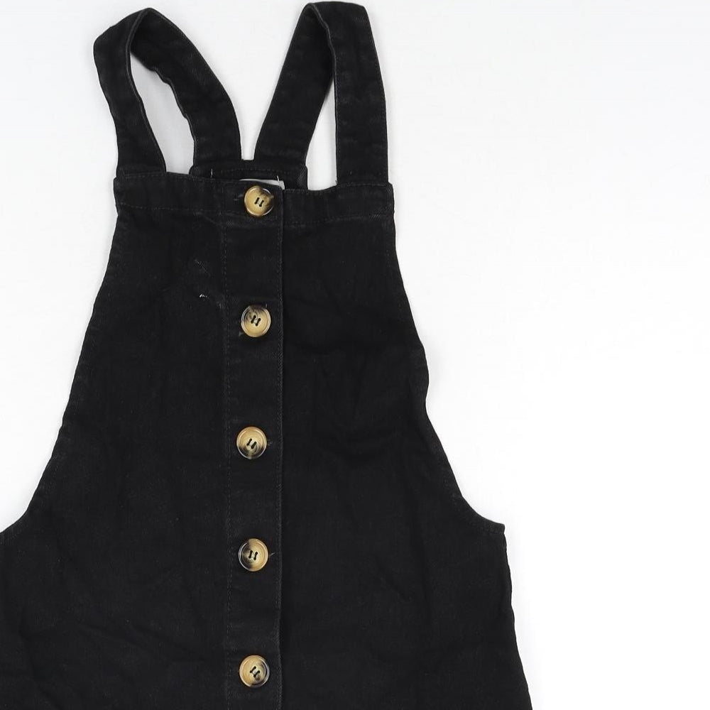Denim & Co. Womens Black Cotton Pinafore/Dungaree Dress Size 6 Square Neck Button
