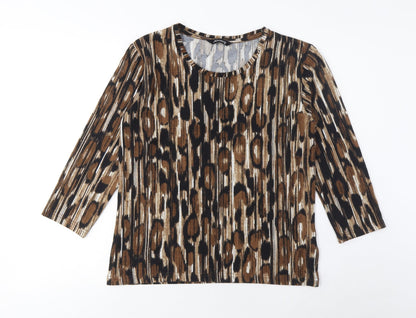 Additional front view of Alexara women’s brown geometric polyester basic t-shirt, size UK 10, crew neck