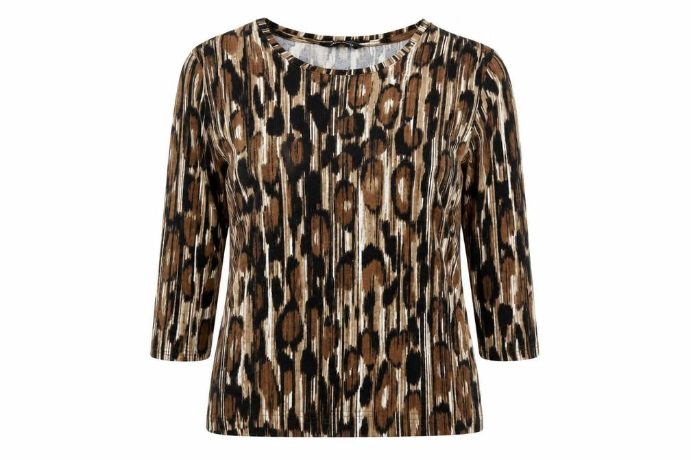 Alexara Womens Brown Geometric Polyester Basic T-Shirt Size 10 Crew Neck