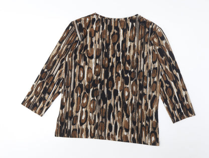 Back view of Alexara women’s brown geometric polyester basic t-shirt, size UK 10, crew neck