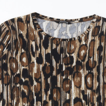 Close-up detail of Alexara women’s brown geometric polyester basic t-shirt, size UK 10, crew neck