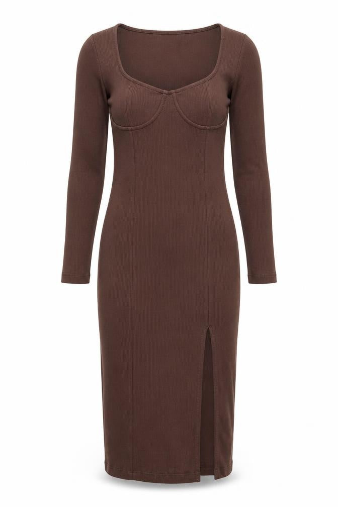Brave Soul Womens Brown Cotton Bodycon Size S Square Neck Pullover - Side Slit