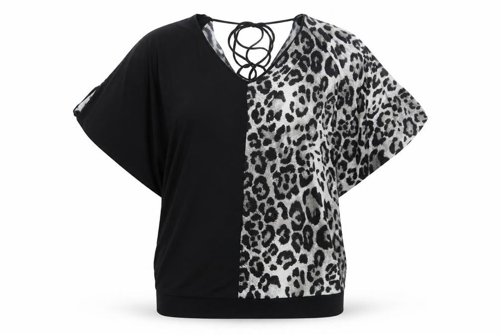 Tom Wolfe Womens Black Animal Print Polyester Basic T-Shirt Size 8 V-Neck