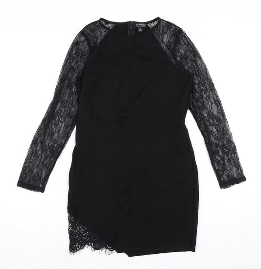 Miss Selfridge Womens Black Viscose Pencil Dress Size 12 Round Neck Zip - Lace Sleeves