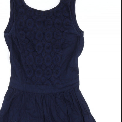 Close-up detail of ESPRIT women’s blue 100% cotton a-line, size UK 8, boat neck button - elasticated waist