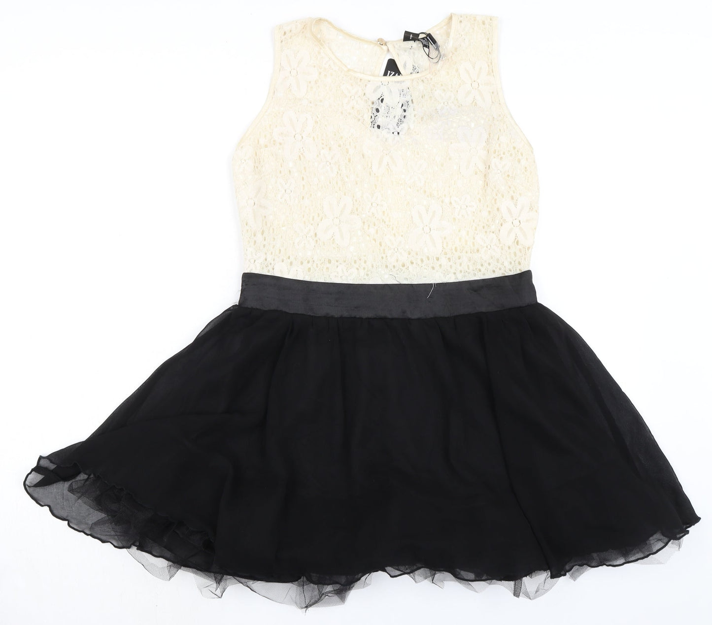 Izabel London Womens Black Cotton A-Line Size 12 Boat Neck Button - Lace Detail