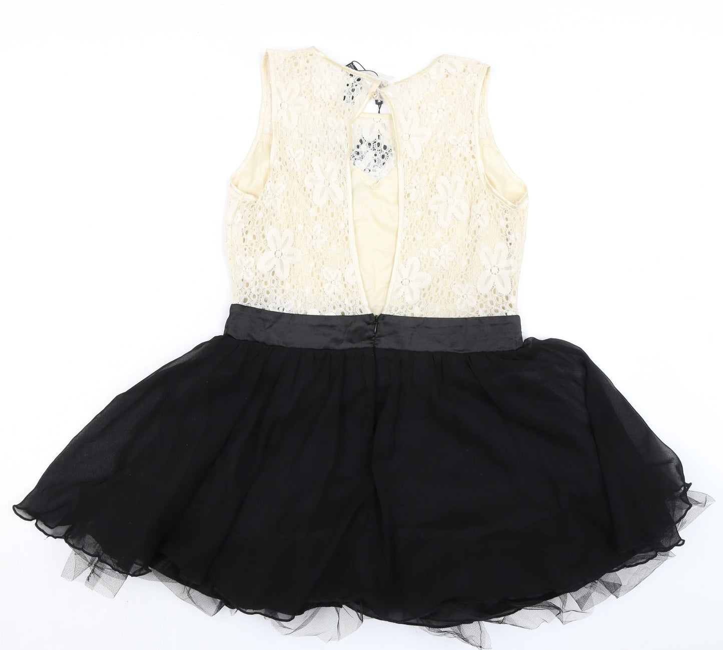 Izabel London Womens Black Cotton A-Line Size 12 Boat Neck Button - Lace Detail
