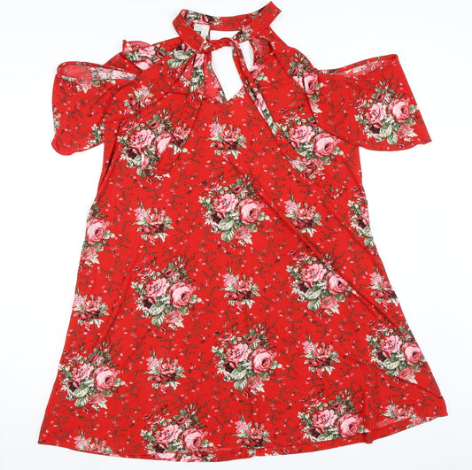 Body Flirt Womens Red Floral Polyester A-Line Size M Mock Neck Tie - Cold Shoulder