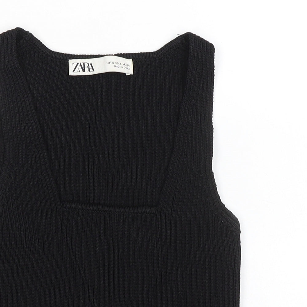 Zara Womens Black Viscose Basic Tank Size S Square Neck - Ribbed