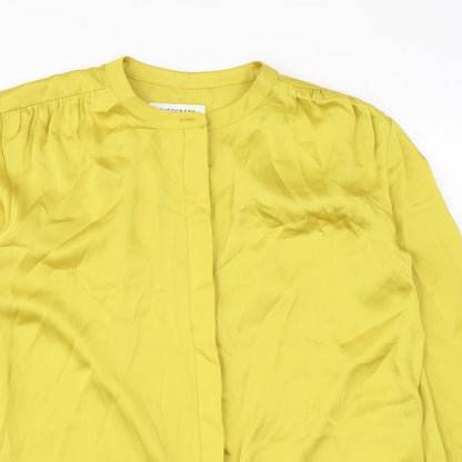 Close-up detail of Autograph women’s yellow polyester basic button-up, size UK 6, round neck