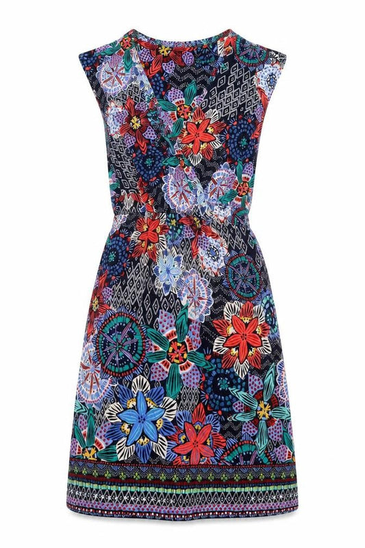 Monsoon Womens Multicoloured Geometric Viscose Skater Dress Size 8 V-Neck Pullover