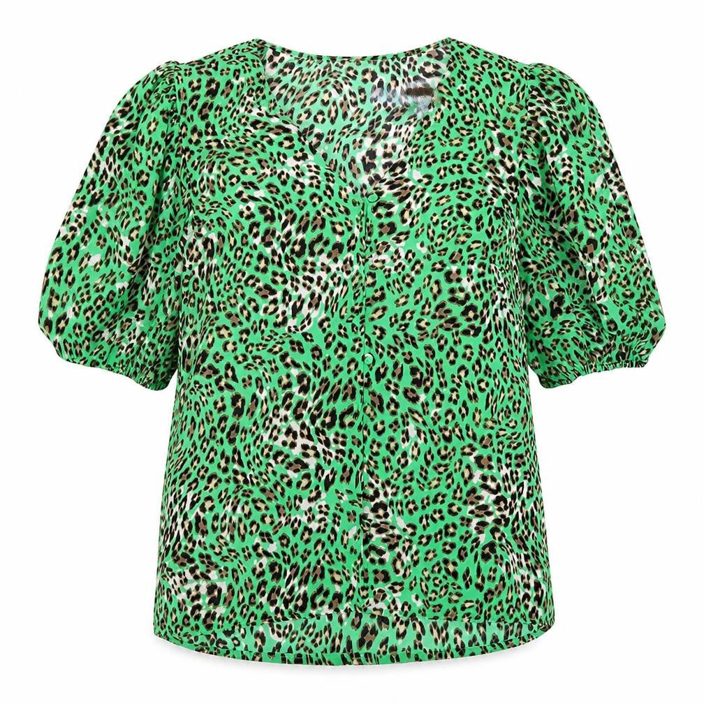 Marks & Spencer Womens Green Animal Print Polyester Basic Button-Up Size 6 V-Neck