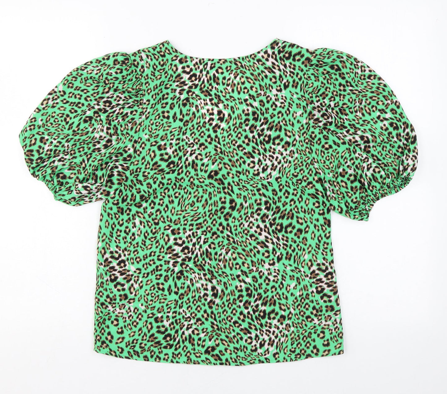 Marks and Spencer Womens Green Animal Print Polyester Basic Button-Up Size 6 V-Neck