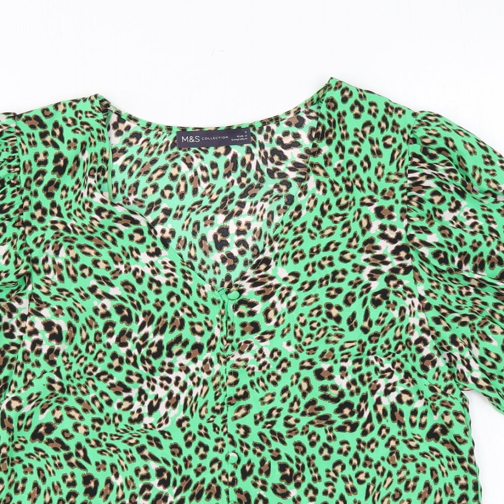 Marks and Spencer Womens Green Animal Print Polyester Basic Button-Up Size 6 V-Neck