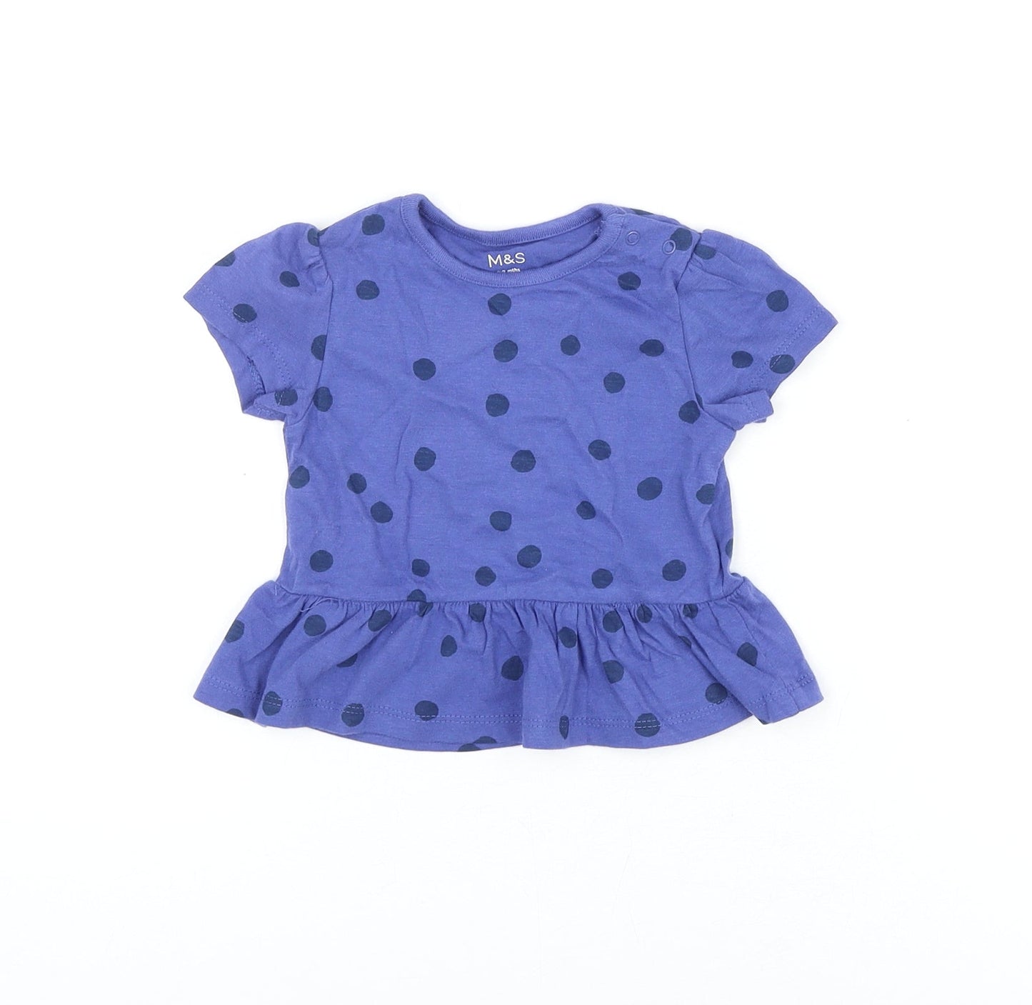 Marks and Spencer Girls Blue Polka Dot Cotton Basic T-Shirt Size 6-9 Months Round Neck Snap