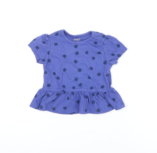 Marks and Spencer Girls Blue Polka Dot Cotton Basic T-Shirt Size 6-9 Months Round Neck Snap