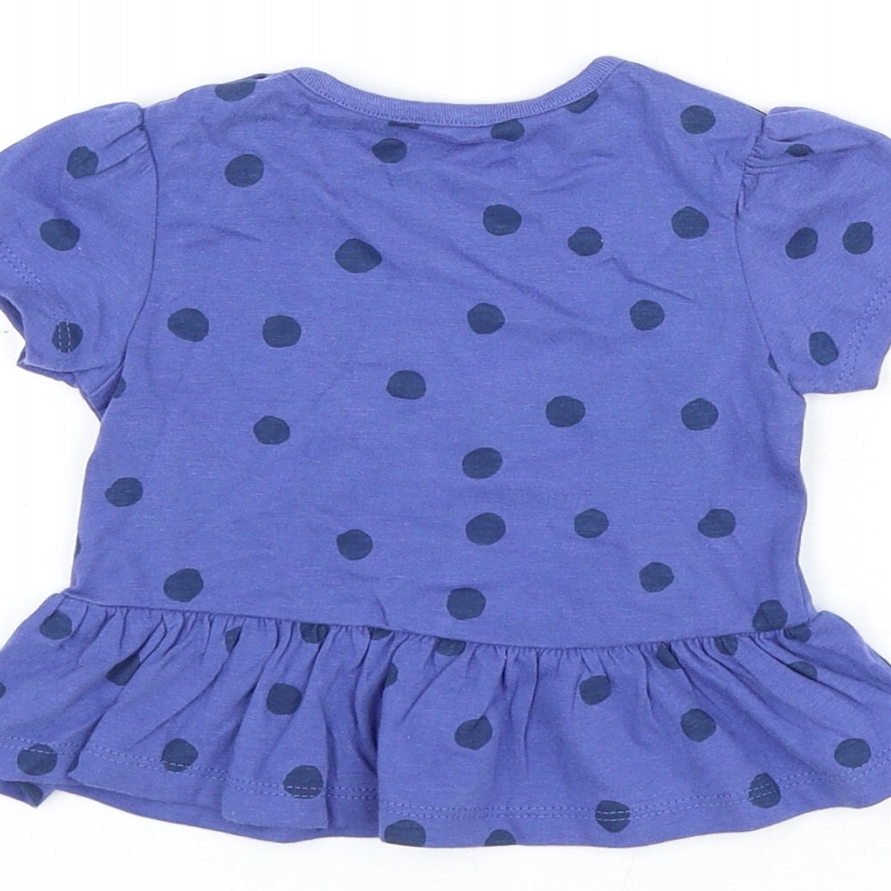 Marks and Spencer Girls Blue Polka Dot Cotton Basic T-Shirt Size 6-9 Months Round Neck Snap