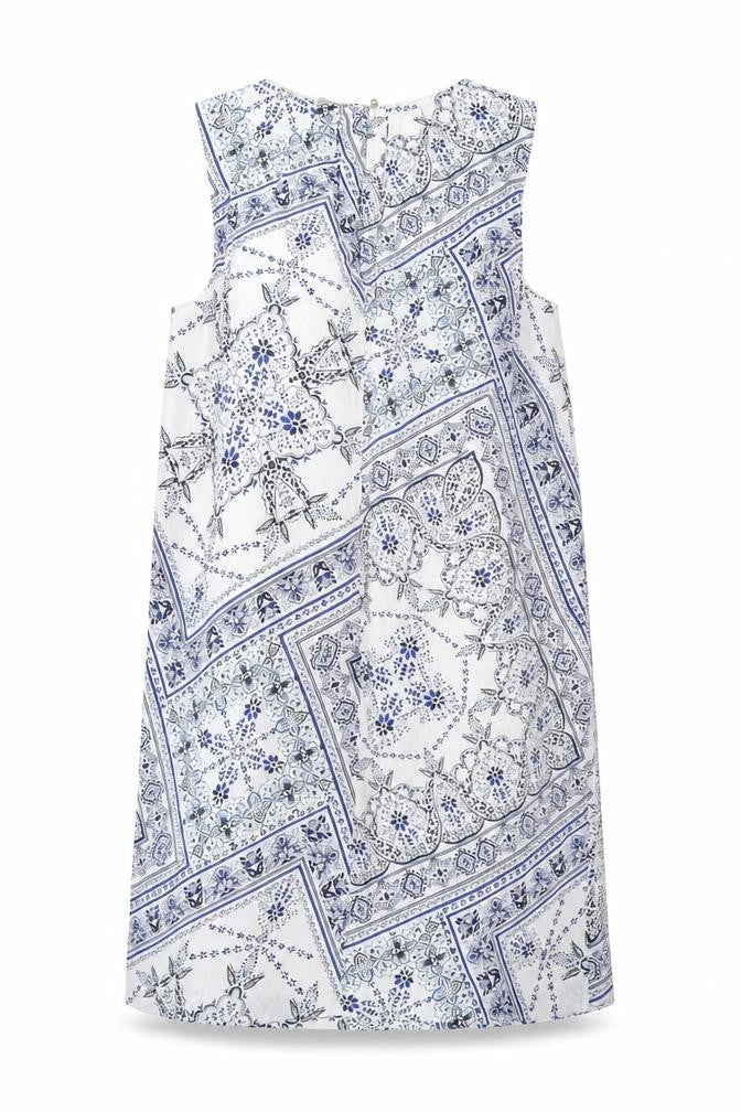 H&M Womens Blue Geometric Polyester A-Line Size 8 Round Neck Button