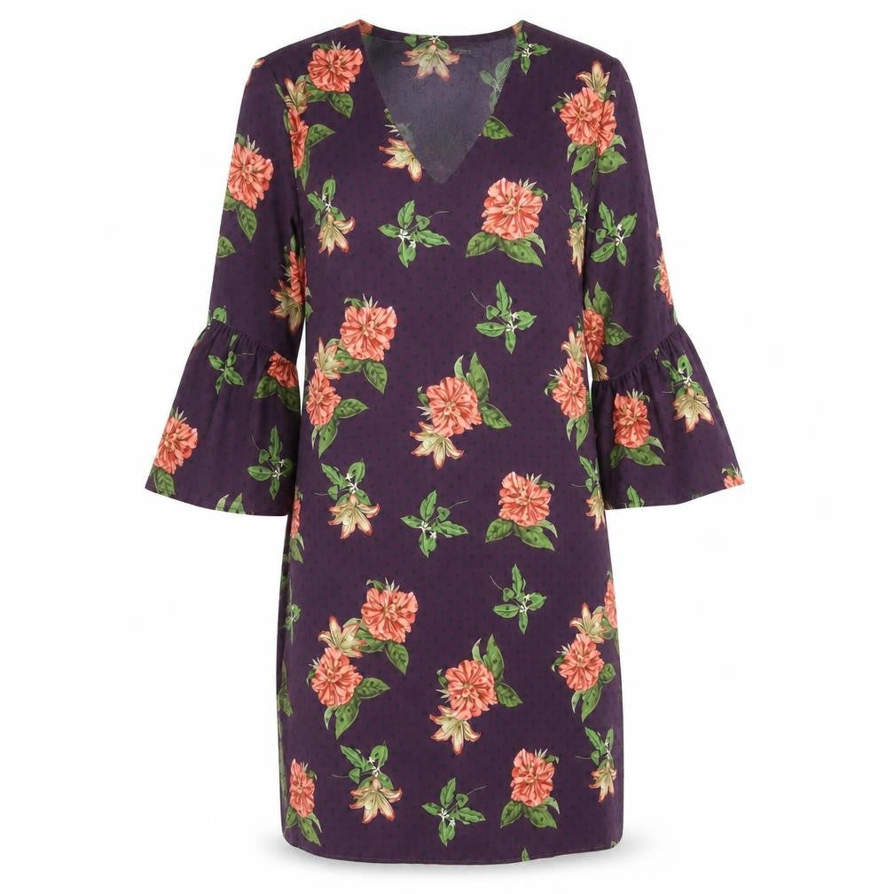 Marks & Spencer Womens Purple Floral Polyester A-Line Size 10 V-Neck Pullover