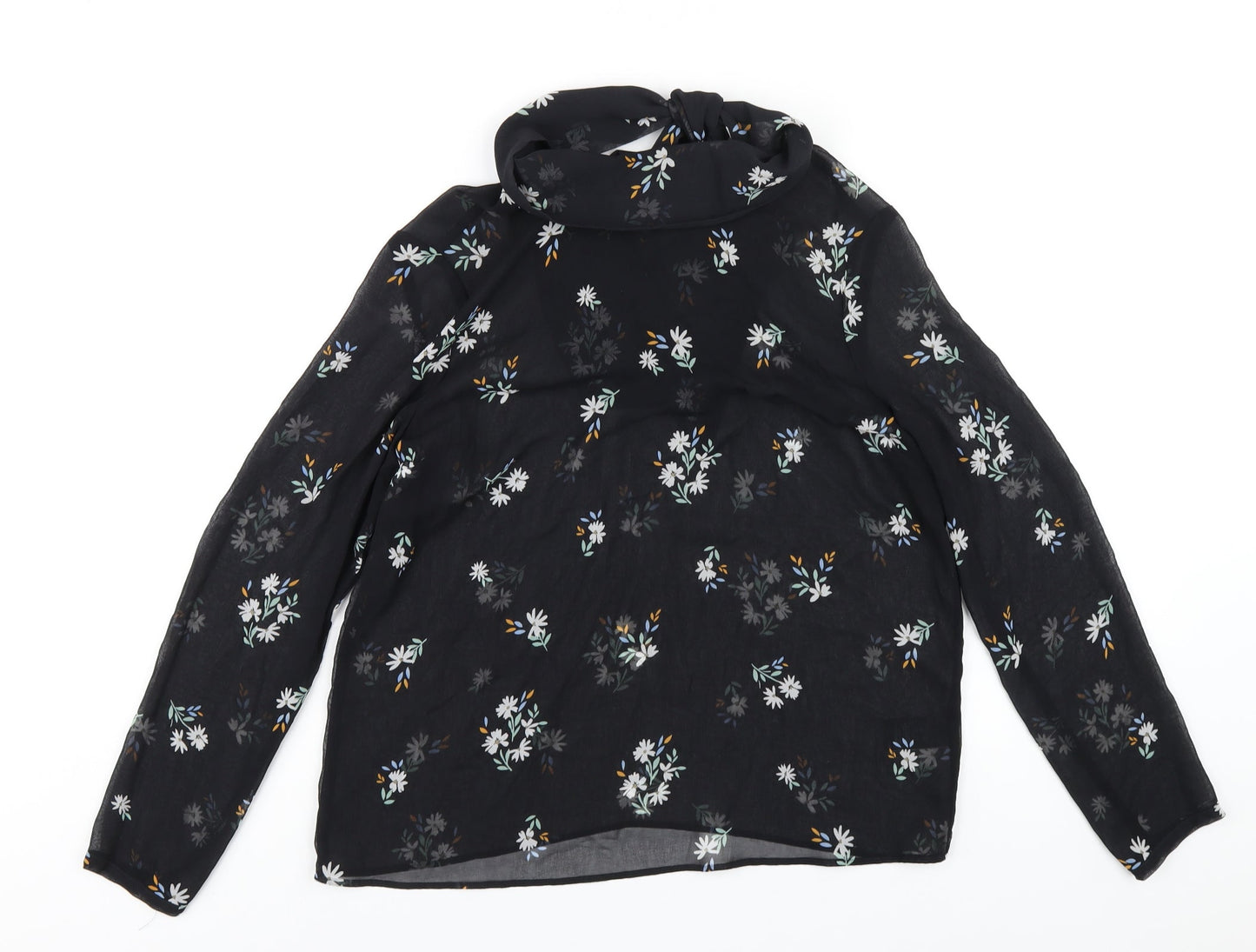Marks and Spencer Womens Black Floral Polyester Basic Blouse Size 12 Mock Neck