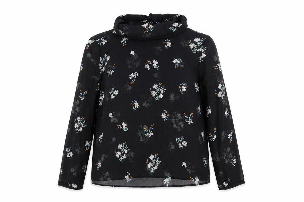 Marks & Spencer Womens Black Floral Polyester Basic Blouse Size 12 Mock Neck