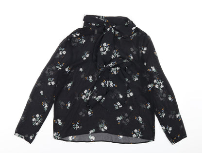 Marks & Spencer Womens Black Floral Polyester Basic Blouse Size 12 Mock Neck