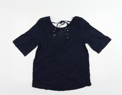 Marks & Spencer Womens Blue Linen Basic Blouse Size 8 Round Neck - Broderie Anglaise