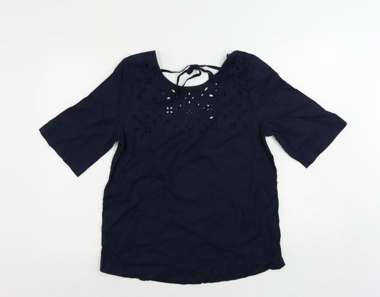 Marks and Spencer Womens Blue Linen Basic Blouse Size 8 Round Neck - Broderie Anglaise